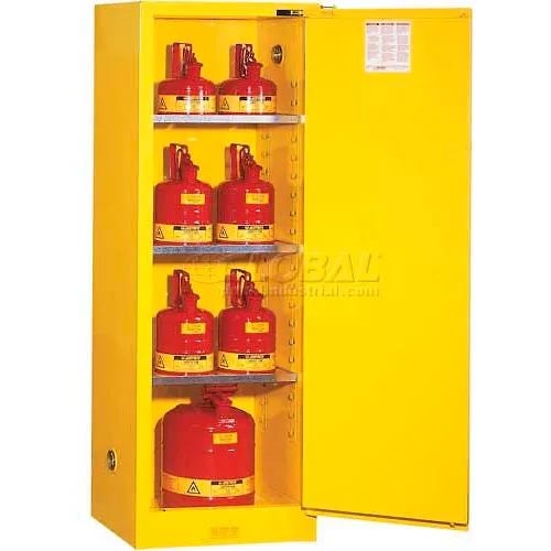 Justrite 36 Gallon 1 Door, Self-Close, Slimline, Flammable Cabinet, 23-1/4"W x 18"D x 65"H, Yellow