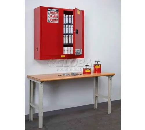 Justrite 168 Aerosol Cans, 2 Door, Manual, Wall Mount, Paint & Ink Cabinet, 43"W x 12"D x 44"H, Red