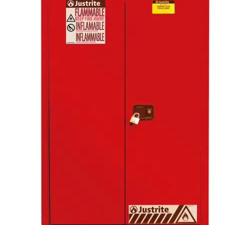 Justrite® Flammable Cabinet, Self Close Double Door, 45 Gal. Cap., 43"W x 18"D x 65"H, Red