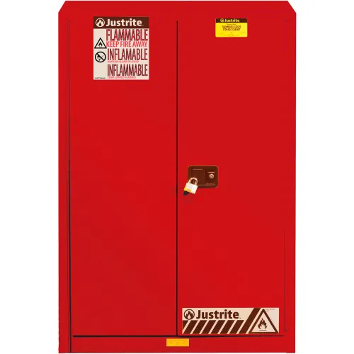 Justrite® Flammable Cabinet, Self Close Double Door, 45 Gal. Cap., 43"W x 18"D x 65"H, Red
