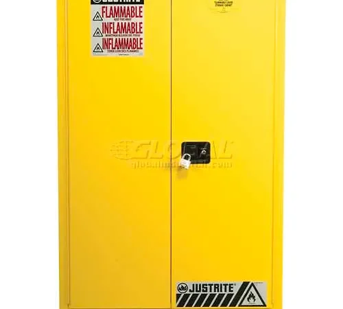 Justrite 60 Gallon 1 Sliding Door, Self-Close, Paint & Ink Cabinet, 43"W x 18"D x 65"H, Yellow