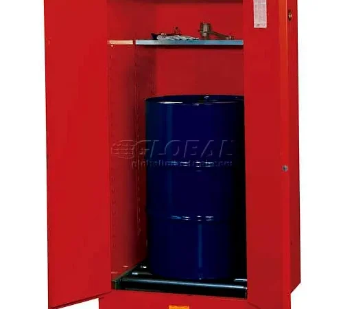 Justrite® Drum Cabinet 55 Gal. Capacity Vertical Manual Close Hazmat Flammable W/ Drum Rollers