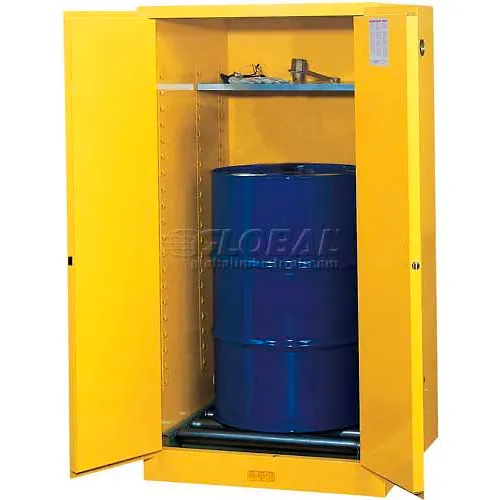 Justrite® Drum Cabinet 55 Gal. Capacity Vertical Manual Close Hazmat Flammable W/ Drum Rollers