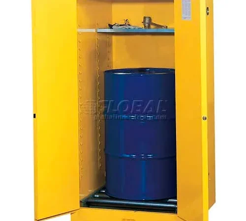 Justrite® Drum Cabinet 55 Gal. Capacity Vertical Manual Close Hazmat Flammable W/ Drum Rollers