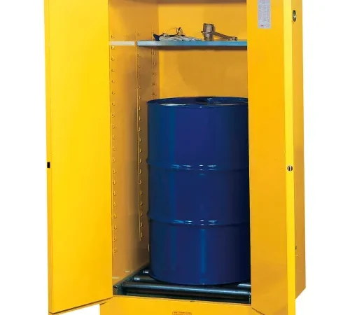 Justrite Drum Safety Cabinet w/ Rollers, Self Close Double Door, 55 Gal. Cap., 34"W x 34"D x 65"H