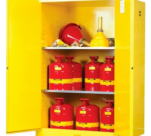 Justrite® Flammable Cabinet, Manual Close Double Door, 90 Gal. Capacity, 43"W x 34"D x 65"H