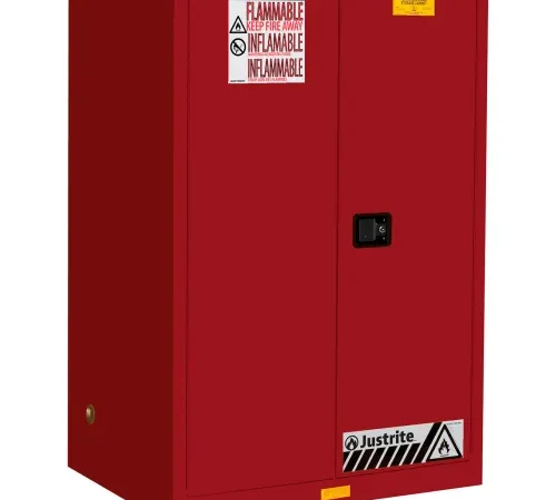 Justrite® Flammable Cabinet, Self Close Double Door, 90 Gal. Capacity, 43"W x 34"D x 65"H, Red
