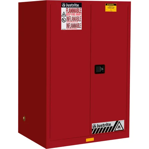 Justrite® Flammable Cabinet, Self Close Double Door, 90 Gal. Capacity, 43"W x 34"D x 65"H, Red