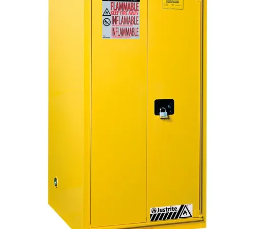 Justrite® Flammable Cabinet, Bi-Fold Self Close Single Door, 90 Gal. Cap., 43"W x 34"D x 65"H