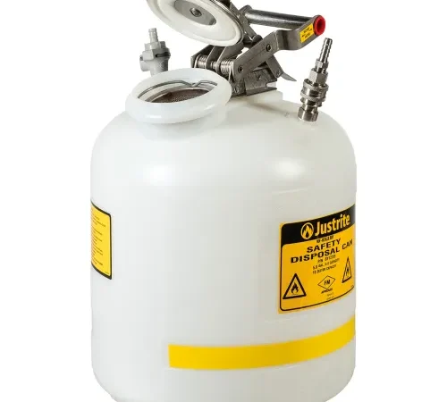 Justrite Quick-Disconnect Disposal Safety Can w/ SS & PP Fittings For 3/8" Tubing, 5 Gal. Cap, White