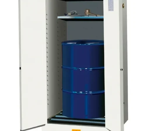 Justrite® Drum Cabinet 55 Gal. Capacity Vertical Self Close Hazmat Flammable W/Drum Rollers, White