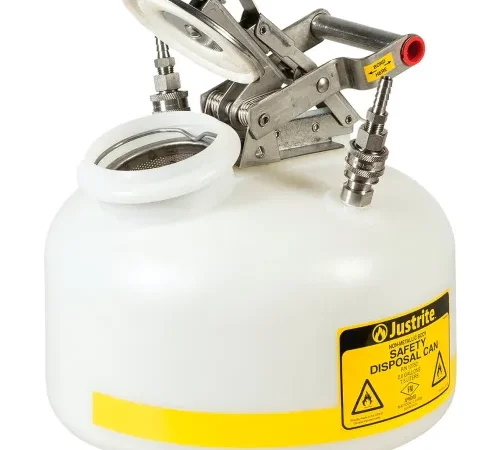 Justrite® Quick-Disconnect Disposal Safety Can w/ SS Fittings For 3/8" Tubing, 2 Gal Cap, White