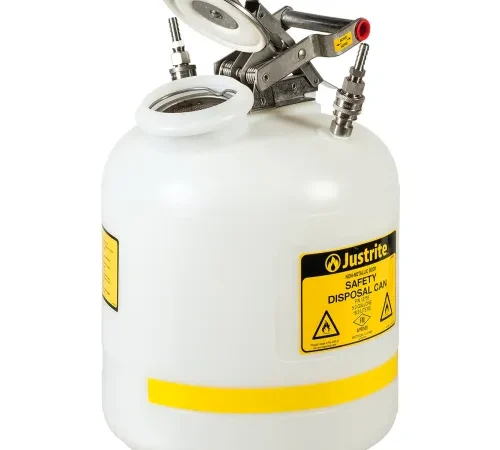 Justrite® Quick-Disconnect Disposal Safety Can w/ SS Fittings For 3/8" Tubing, 5 Gal Cap, White