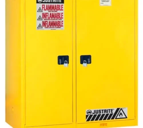 Justrite® Drum Cabinet 115 Gal. Capacity Vertical Self Close Flammable W/ Drum Rollers