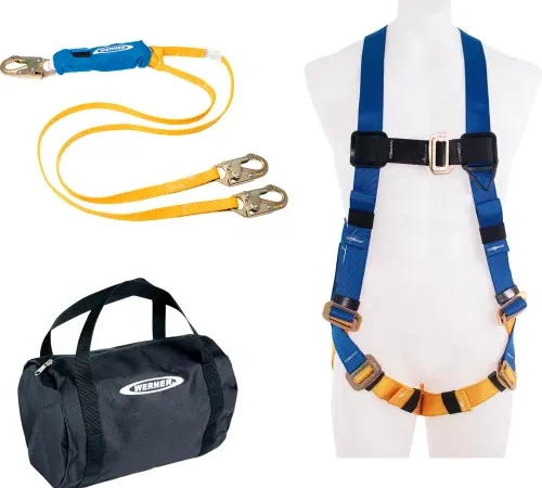 Werner® Aerial Kit, Standard BaseWear Harness w/ Pass thru legs, 6'L DeCoil Dual Leg Lanyard
