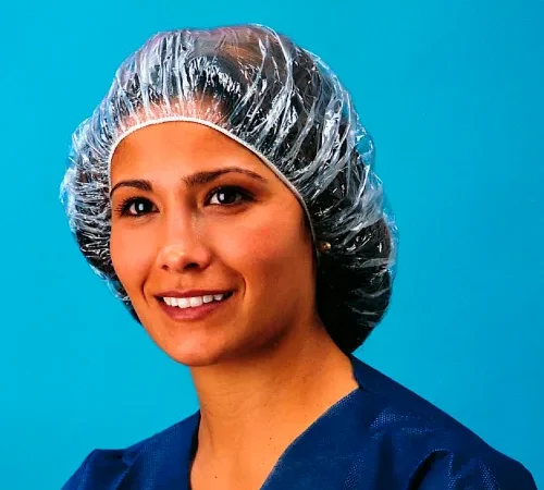 Polyethylene Bouffant Cap, 3/4 Mil, Waterproof, 100% Latex Free, Clear, 21", 100/Bag
