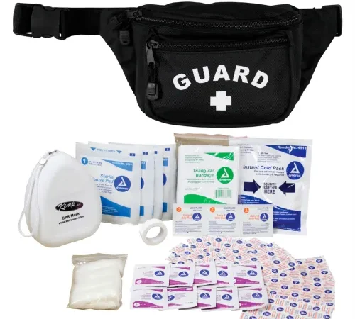 Kemp USA Hip Pack w/ Guard Logo & First Aid Supply Pack, Black, 49 Pieces