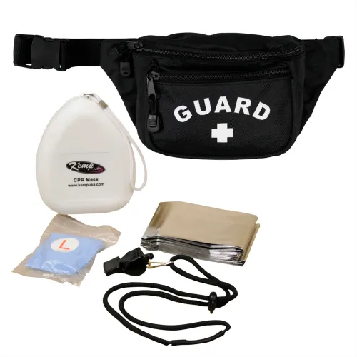 Kemp USA Hip Pack w/ Guard Logo & Lifeguard Essentials Supply Pack, Black, 5 Pieces