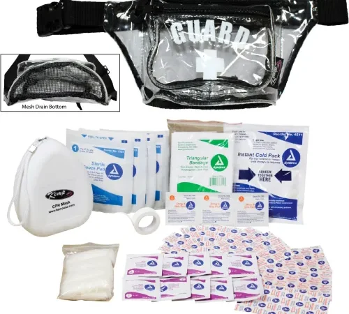 Kemp USA First Aid Supply Hip Pack w/ Guard Logo & Mesh Drain, Clear, 49 Pieces