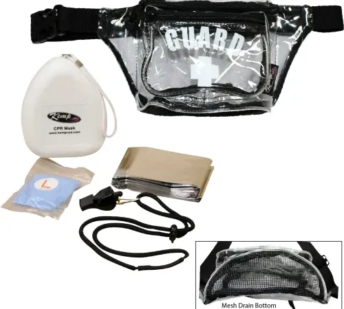 Kemp USA Hip Pack w/ Guard Logo & Mesh Drain & Lifeguard Essentials Supply Pack, Clear, 5 Pieces