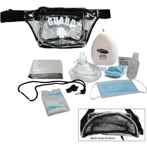 Kemp USA PPE Supply Hip Pack w/ Guard Logo & Mesh Drain, Clear, 7 Pieces