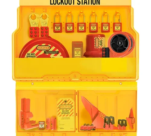 Master Lock® Deluxe Lockout Station, Premier Valve, Electrical Assortment, 6 Padlocks, Yellow