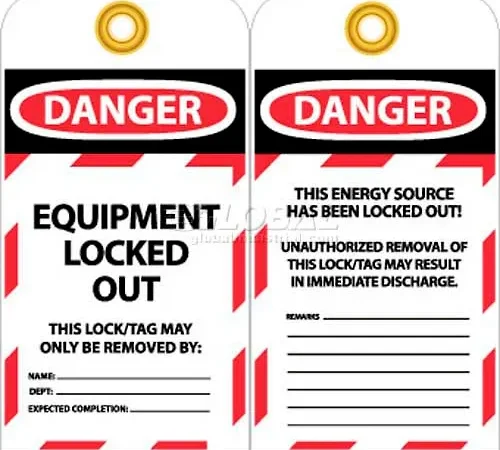 NMC LOTAG37-25 Tags, Danger Equipment Locked Out, 6" X 3-1/4", White/Red/Black, 25/Pk