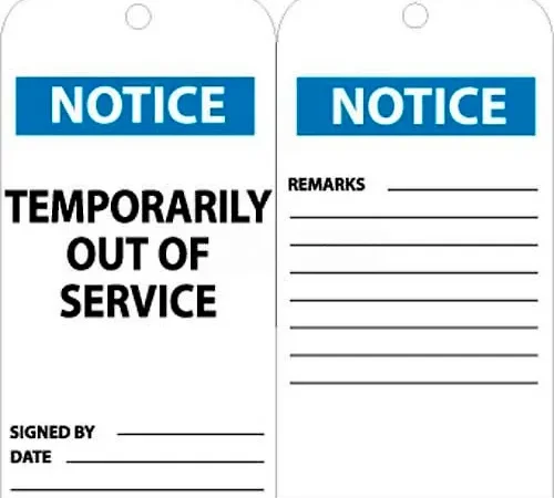NMC RPT148 Tags, Temporarily Out Of Service, 6" X 3", White/Blue, 25/Pk