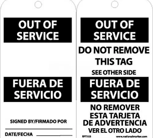 NMC RPT153 Tags, Out Of Service, Bilingual, 6" X 3", White/Black, 25/Pk