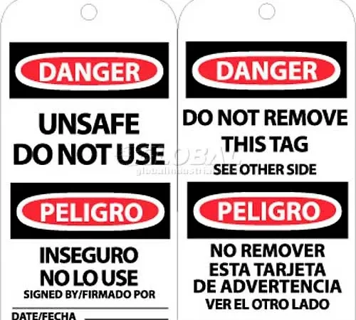 NMC RPT154 Tags, Unsafe Do Not Use, Bilingual, 6" X 3", White/Red/Black, 25/Pk