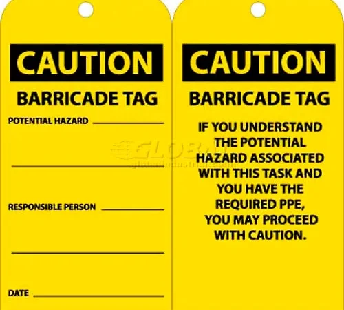 NMC RPT166 Tags, Caution Barricade Tag, 6" X 3", Yellow/Black, 25/Pk