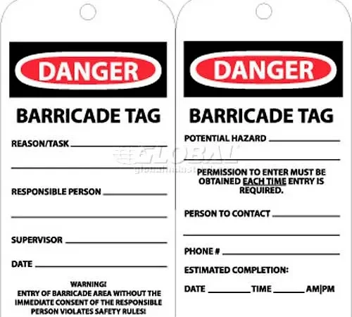 NMC RPT172 Tags, Danger Barricade Tag, 6" X 3", White/Red/Black, 25/Pk