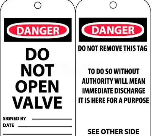 NMC RPT18 Tags, Danger Do Not Open Valve, 6" X 3", White/Red/Black, 25/Pk