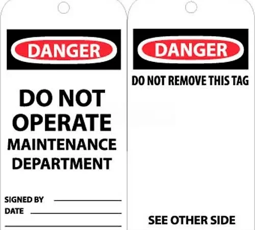 NMC RPT2 Tags, Danger Do Not Operate Maintenance Dept, 6" X 3", White/Red/Black, 25/Pk