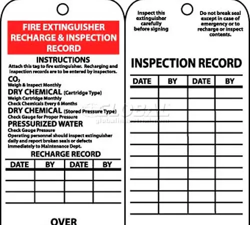 NMC RPT26 Tags, Fire Extinguisher Recharge And Inspection Record, 6" X 3", White/Red/Black, 25/Pk