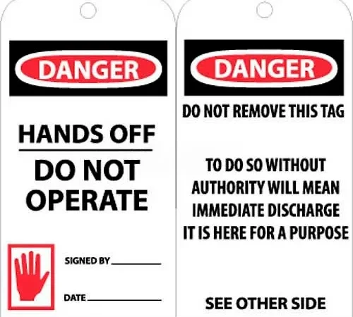 NMC RPT33 Tags, Danger Hands Off Do Not Operate, 6" X 3", White/Red/Black, 25/Pk