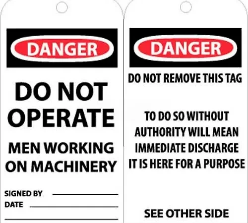 NMC RPT4 Tags, Danger Do Not Operate Men Working On Machinery, 6" X 3", White/Red/Black, 25/Pk