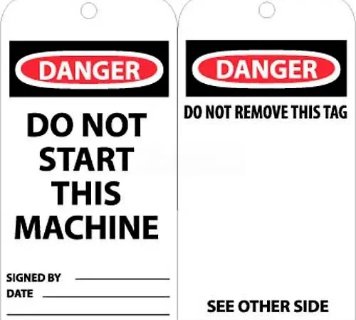 NMC RPT7 Tags, Danger Do Not Start This Machine, 6" X 3", White/Red/Black, 25/Pk