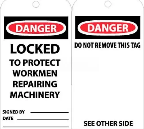 NMC RPT79 Tags, Danger Locked To Protect Workmen Repairing Machinery, 6" X 3", Wht/Rd/Blk, 25/Pk