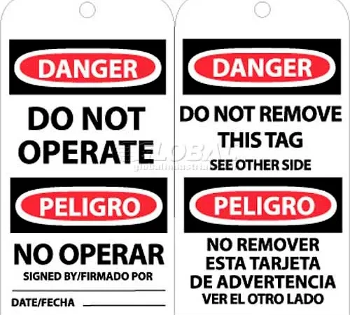 NMC RPT90 Tags, Bilingual Lock Out Tag, 6" X 3", White/Red/Black, 25/Pk