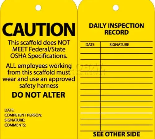 NMC SPT2 Tags, Scaffold Inspection W/Grommet, 6" X 3", Yellow, 25/Pk