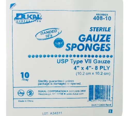 Dukal Gauze Sponge, 4" x 4", Sterile Tray, 8-Ply, 10/Tray, 128 Tray/Case