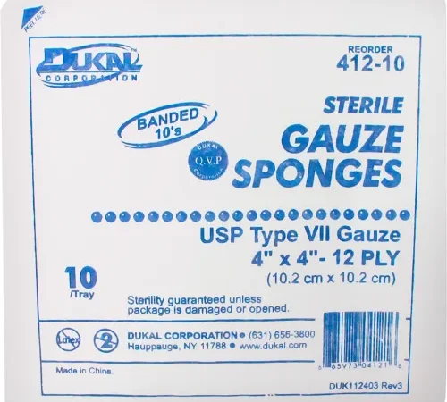 Dukal Gauze Sponge, 4" x 4", Sterile Tray, 12-Ply, 10/Tray, 128 Tray/Case