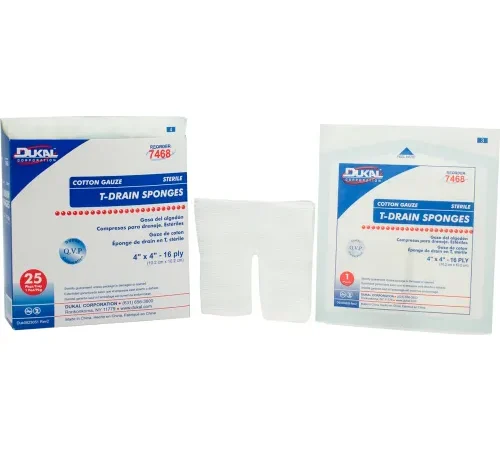 Dukal T-Drain Sponge, 4" x 4" Sterile, 16 Ply, 1/PK, 25 PK/Tray, 12 Tray/Case