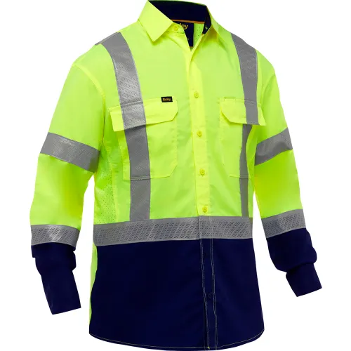 Bisley® Men's Long Sleeve Work Shirt with X-Airflow™ & Navy Bottom, L, Hi-Vis Yellow