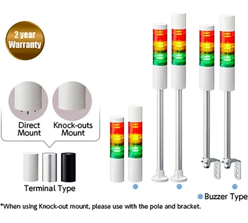 Patlite® LR5 LED Signal Tower Light w/ L-Bracket, Flashing/Buzzer, 24V, Red/Amber/Green