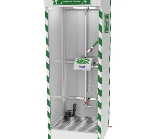 Hughes® Emergency Cubicle Shower w/ Covered ABS Eye, Face Wash & Sump Pump, 120V, Floor Mount