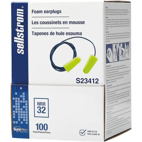 Sellstrom® Disposable Ear Plugs, Corded, Foam Bullet Shape, NRR 32 dB, 100 Pairs/Box