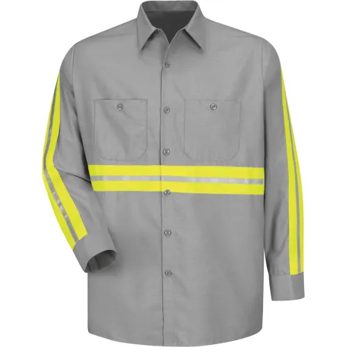 Red Kap® Enhanced Visibility Industrial Long Sleeve Work Shirt, Gray, Poly/Cotton, Tall, XL