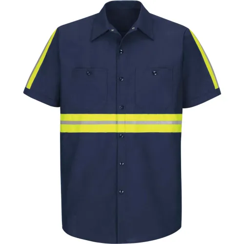 Red Kap® Enhanced Visibility Industrial Short Sleeve Work Shirt, Navy, Poly/Cotton, Regular L